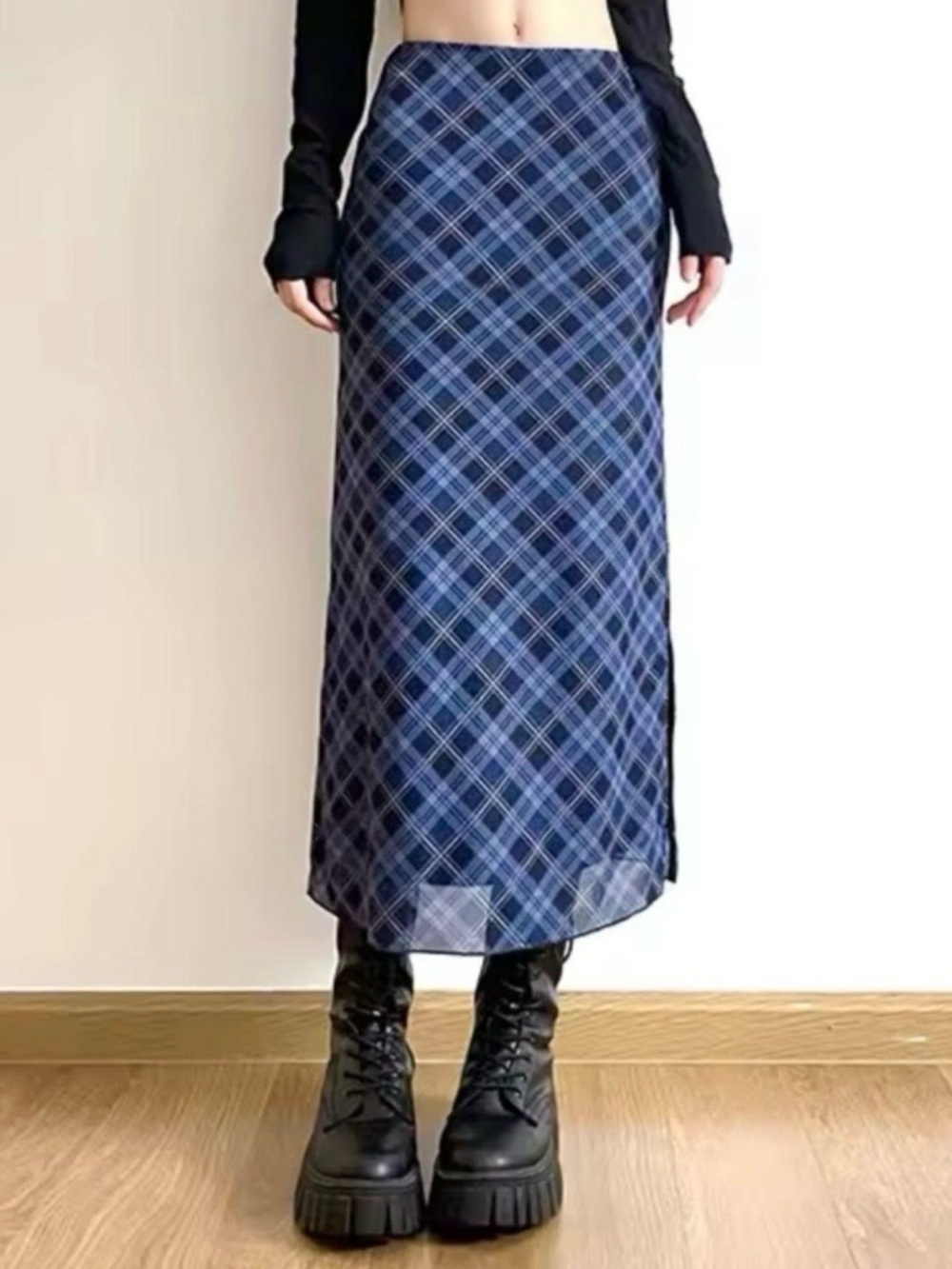 NWT Y2K Plaid Midi Skirt Sz.M Blue Mesh Pull-On Whimsigoth 90s Fairy Grunge